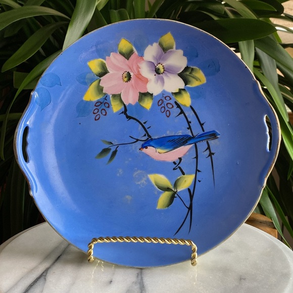 Vintage Hand Painted Bird + Floral Serving Cake Plate and 5 Dessert Plates Set - Picture 4 of 11